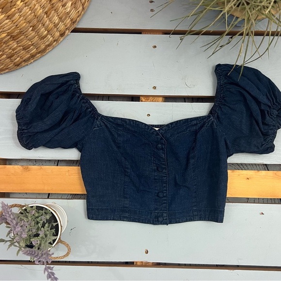 ASOS Design Dark Denim Crop Top with Puff Sleeve Size US 6 - Picture 2 of 9